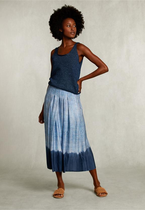 Blue Striped Tie-Dye Midi Skirt - Bleu