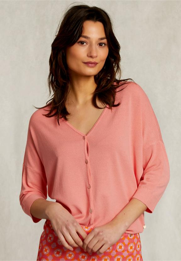 Pink V-Neck Cardigan 3/4 Sleeves - Roze