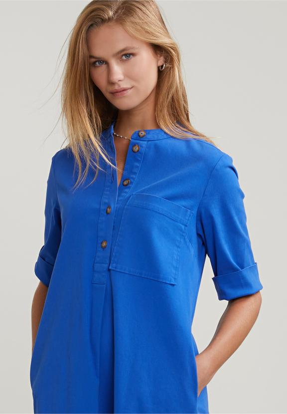 Blue Dress Applicated Pocket 3/4 Sleeves - Bleu
