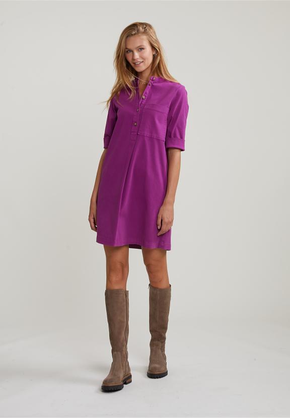 Purple Dress Applicated Pocket 3/4 Sleeves - Violet