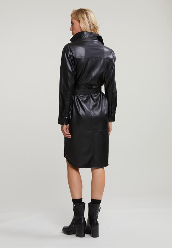 Black Vegan Leather Belted Dress - Zwart