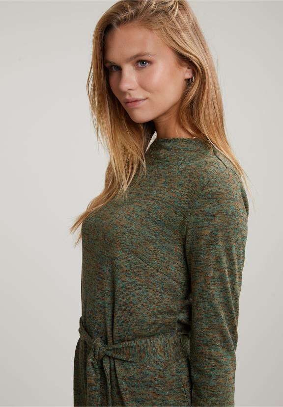 Khaki Belted Glitter Dress Long Sleeves - Marron