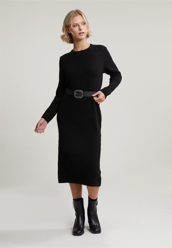 Black Long Crew Neck Dress - Zwart