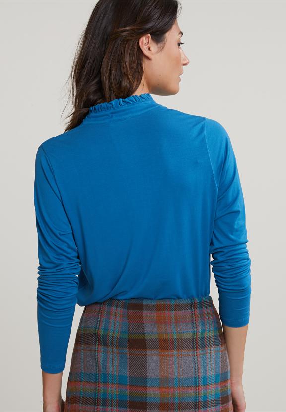 Petrol V-Neck T-Shirt Ruffle Collar - Blauw