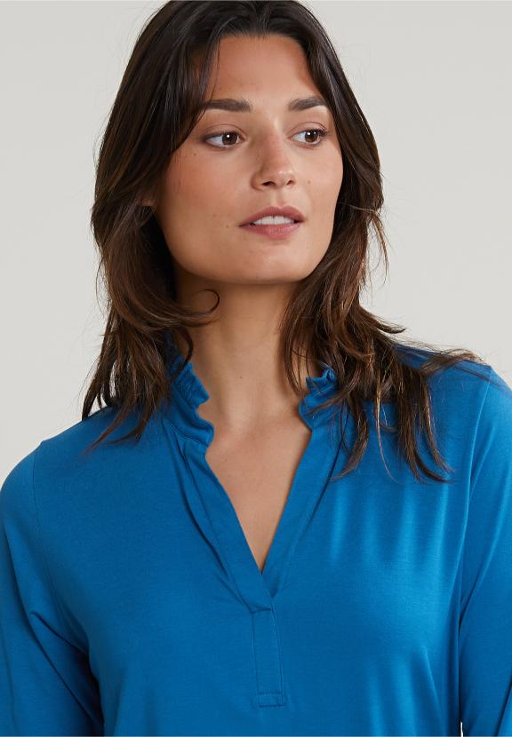 Petrol V-Neck T-Shirt Ruffle Collar - Blauw