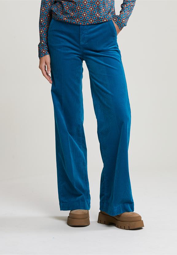 Blue High Waist Corduroy Pants - Bleu