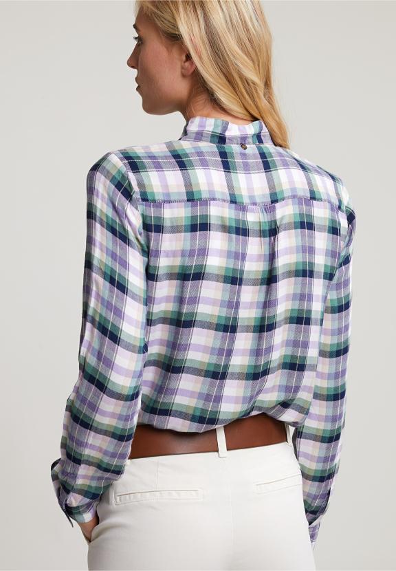 Green/Purple Checked Blouse Fancy Collar - Blauw