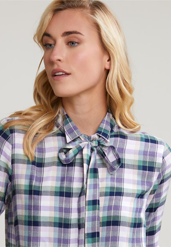 Green/Purple Checked Blouse Fancy Collar - Blauw