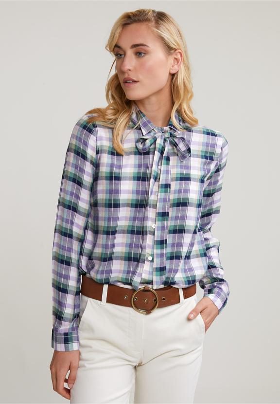 Green/Purple Checked Blouse Fancy Collar - Blauw