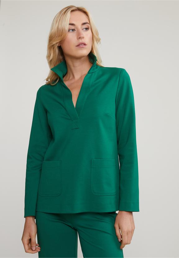 Green V-Neck Blouse Applied Pockets - Groen