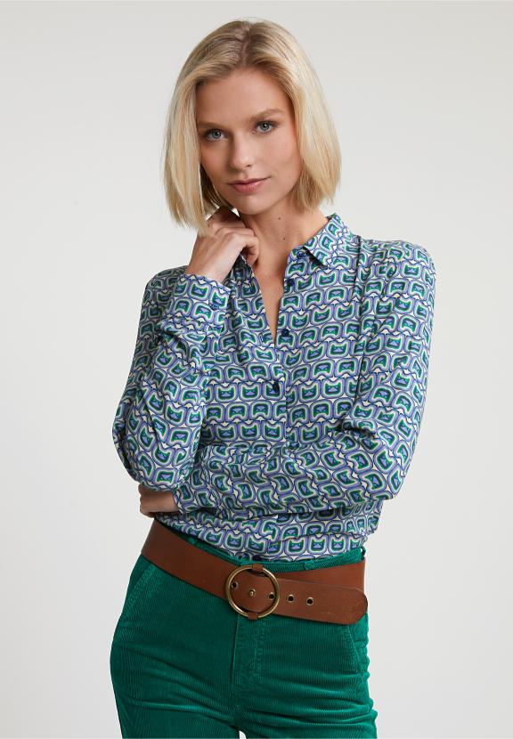 Green/Beige Fantasy Blouse Long Sleeves - Blauw