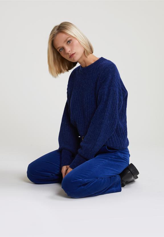 Blue Ribbed Crew Neck Sweater - Blauw
