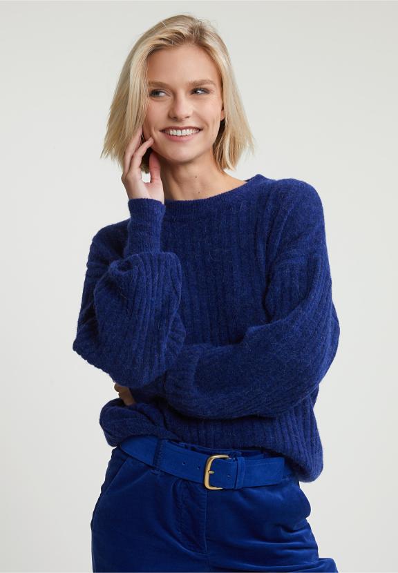 Blue Ribbed Crew Neck Sweater - Blauw