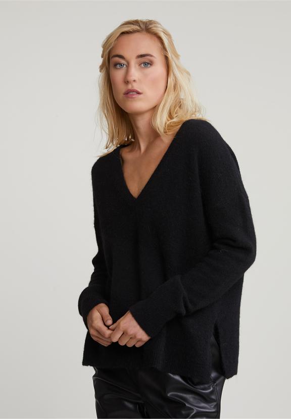 Black V-Neck Sweater Long Sleeves - Zwart