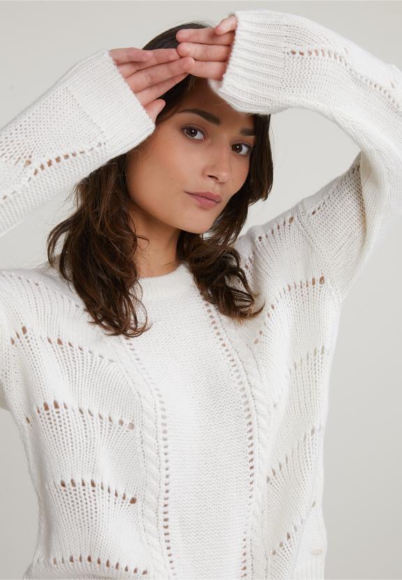 Off White Woolen Crew Neck Sweater - Wit