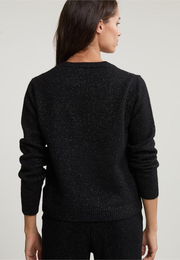 Black V-Neck Lurex Sweater Long Sleeves - Zwart