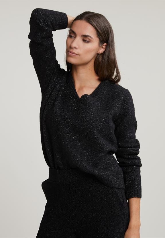 Black V-Neck Lurex Sweater Long Sleeves - Noir