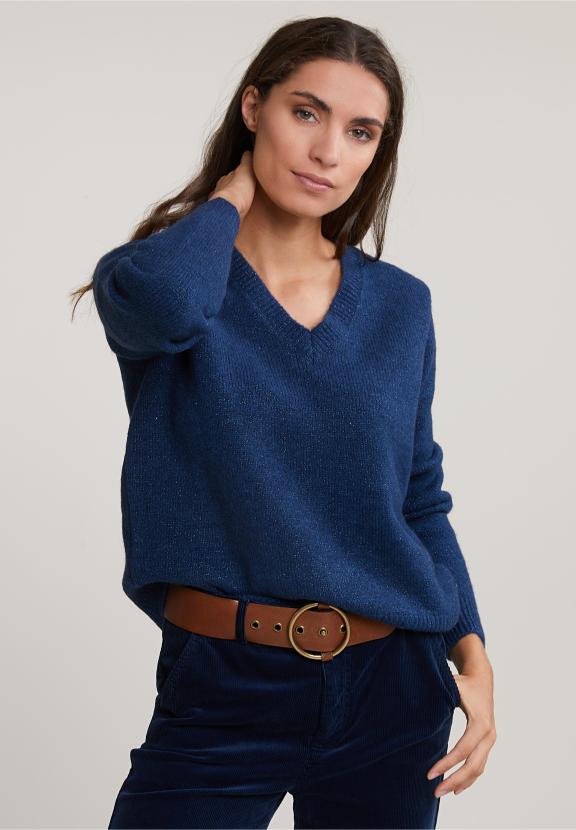 Blue V-Neck Lurex Sweater Long Sleeves - Blauw