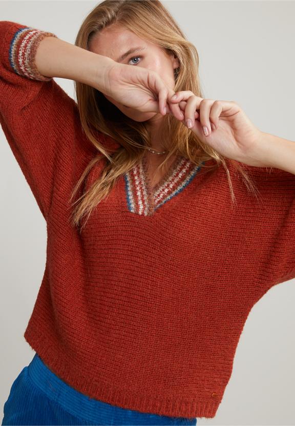 Orange Sweater Striped V-Neck - Oranje