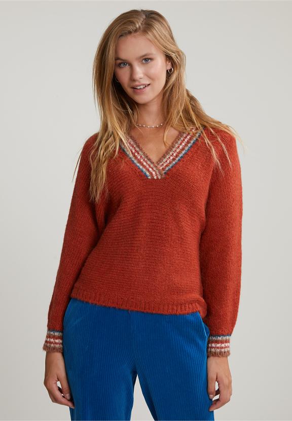 Orange Sweater Striped V-Neck - Oranje