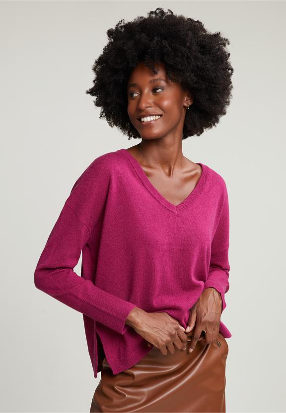 Magenta Basic V-Neck Sweater Long Sleeves - Paars