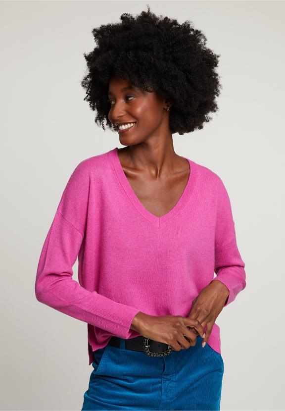 Pink Basic V-Neck Sweater Long Sleeves - Paars