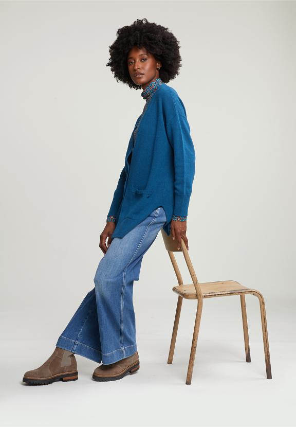 Blue V-Neck Buttoned Cardigan 2 Pockets - Bleu