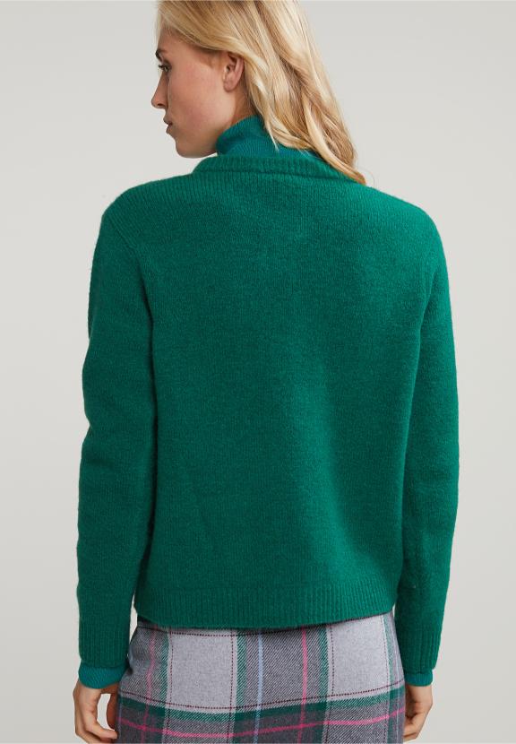 Green Crew Neck Cardigan Applied Pockets - Groen