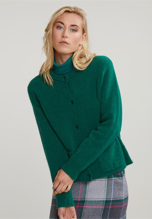 Green Crew Neck Cardigan Applied Pockets - Groen