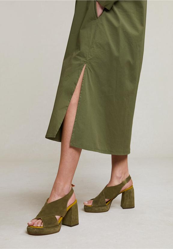 Khaki Long Loose Dress With Drawstring - Groen