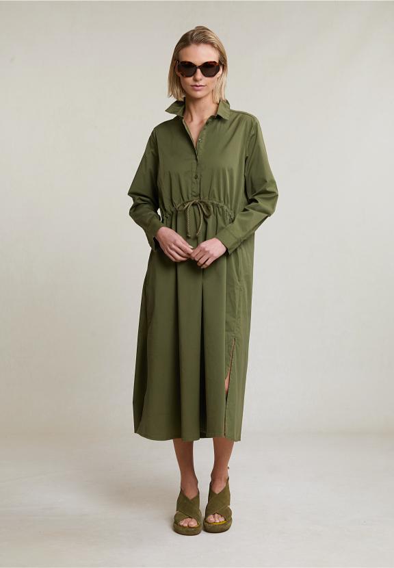 Khaki Long Loose Dress With Drawstring - Groen