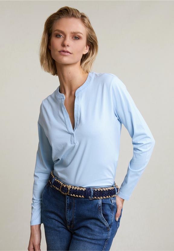 Light Blue V-Neck T-Shirt Long Sleeves - Blauw