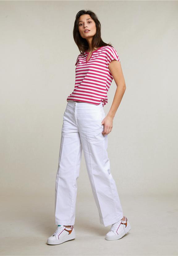 Fuchsia/White Striped V-Neck T-Shirt - Roze