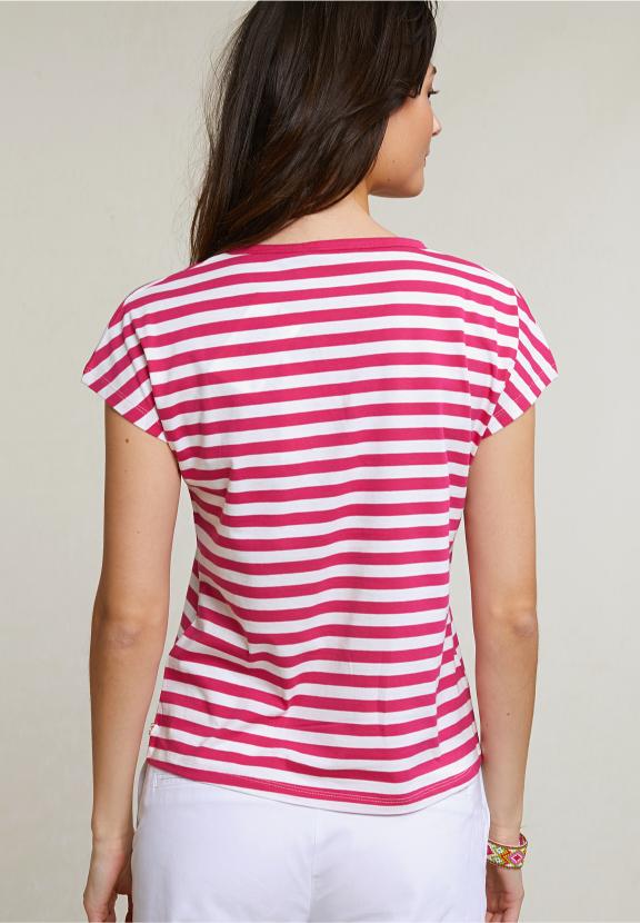 Fuchsia/White Striped V-Neck T-Shirt - Roze