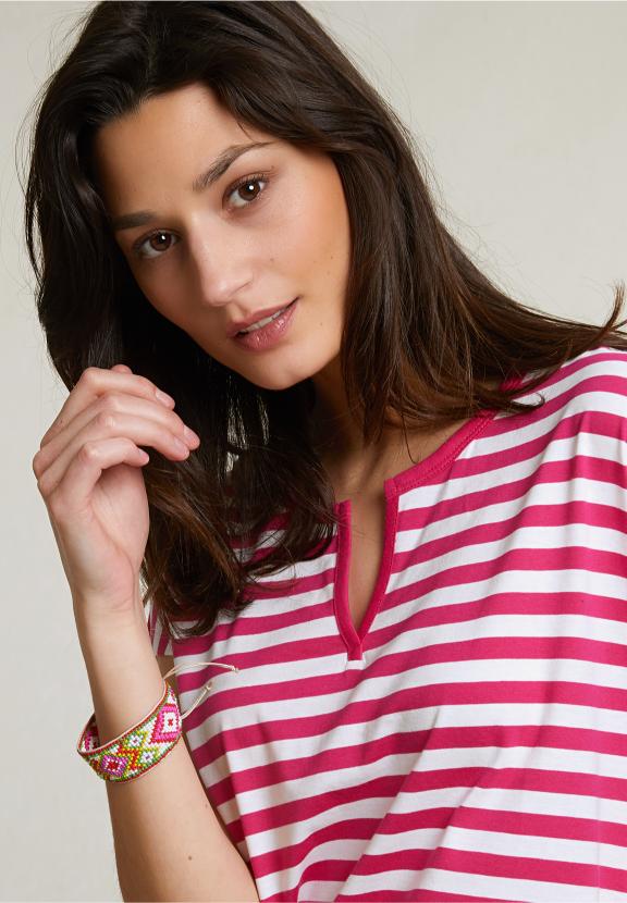 Fuchsia/White Striped V-Neck T-Shirt - Roze