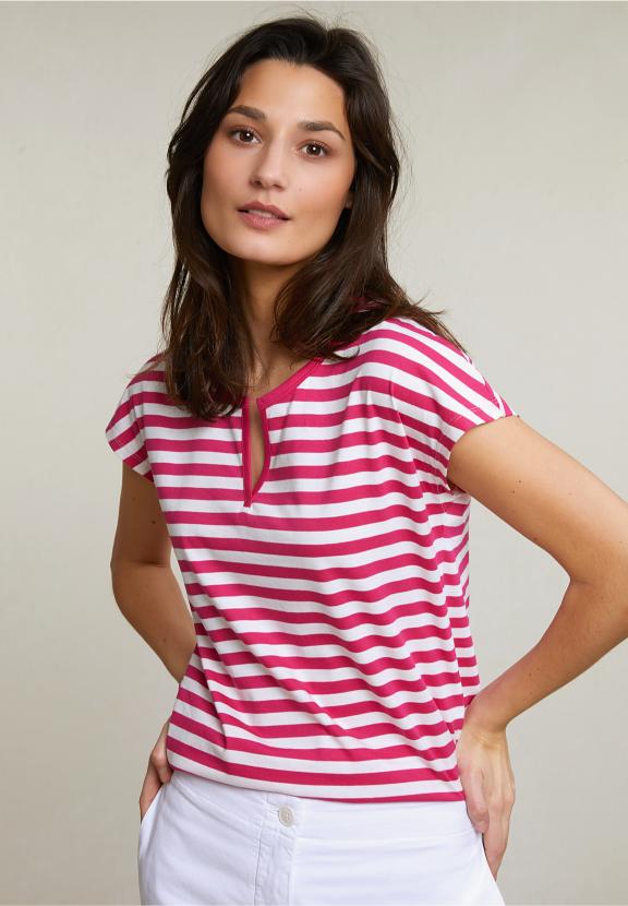 Fuchsia/White Striped V-Neck T-Shirt - Roze