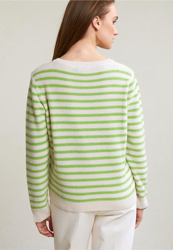 Cream/Green Striped Crew Neck Sweater - Groen