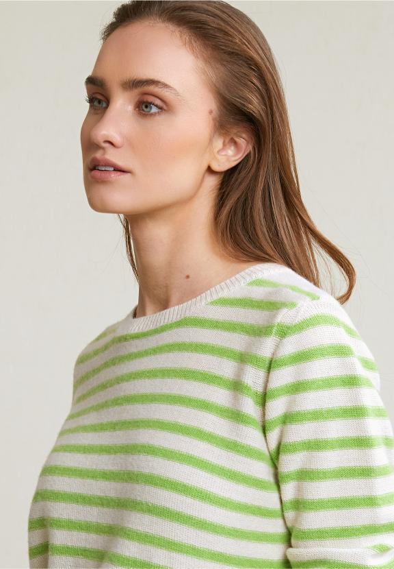 Cream/Green Striped Crew Neck Sweater - Groen