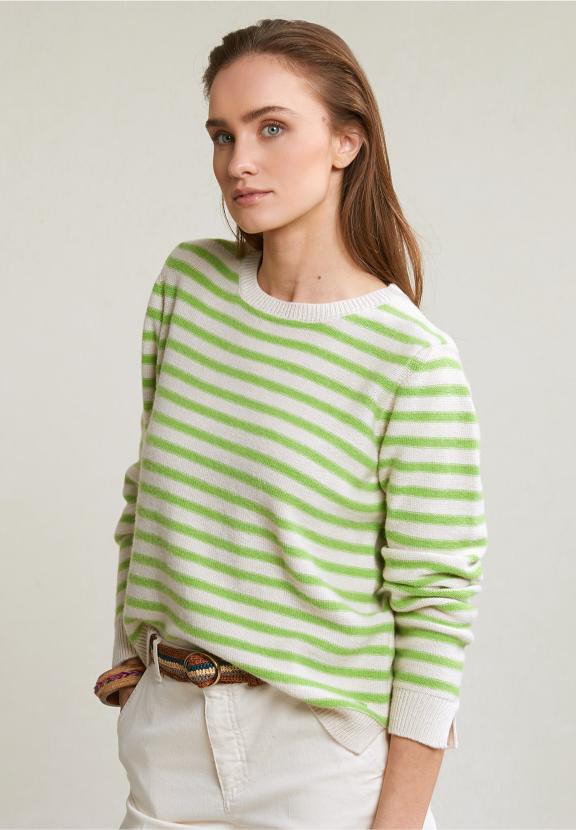 Cream/Green Striped Crew Neck Sweater - Groen