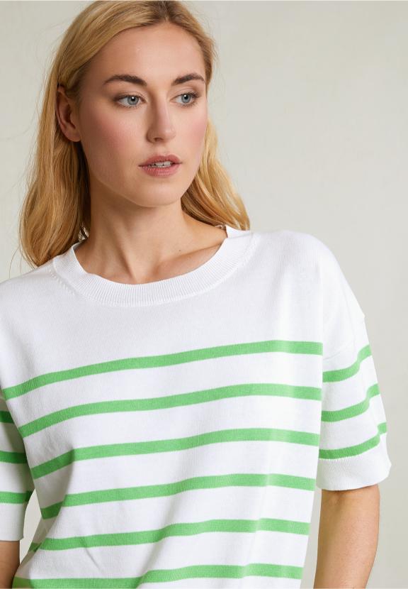 Off White/Green Stiped Sweater Short Sleeves - Groen