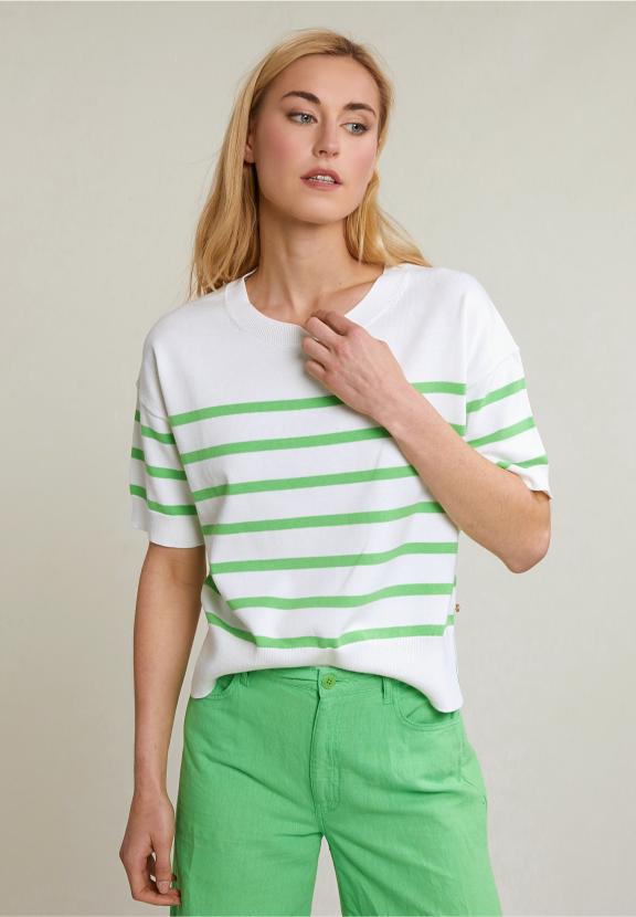 Off White/Green Stiped Sweater Short Sleeves - Groen
