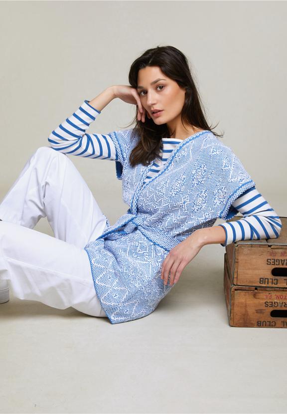 Blue/White Sleeveless Kimono With Belt - Blauw