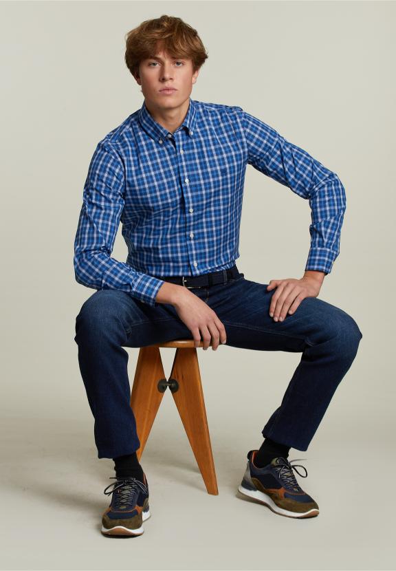 Custom Fit Checked Shirt Blue/White - Meervoudig