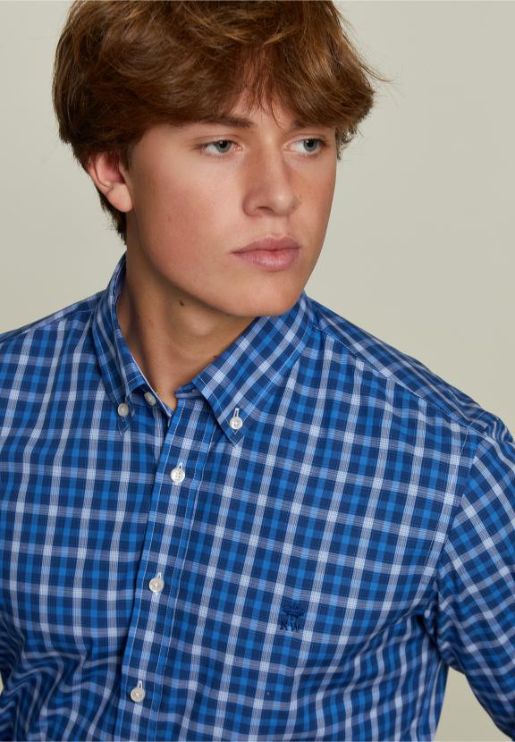Custom Fit Checked Shirt Blue/White - Meervoudig