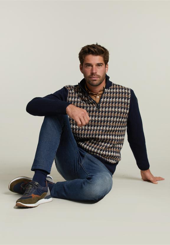 Slim Fit Woolen Sweater Navy/Caramel Mix - Bleu