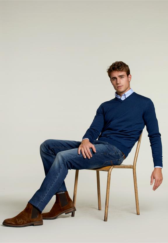 Op Maat Gemaakte Merino V-Hals Trui Donker Denim Mix - Blauw - W
