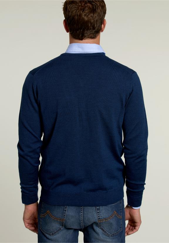 Op Maat Gemaakte Merino V-Hals Trui Donker Denim Mix - Blauw - W