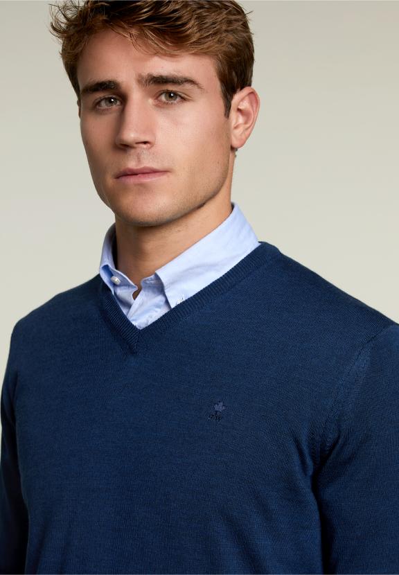 Op Maat Gemaakte Merino V-Hals Trui Donker Denim Mix - Blauw - W