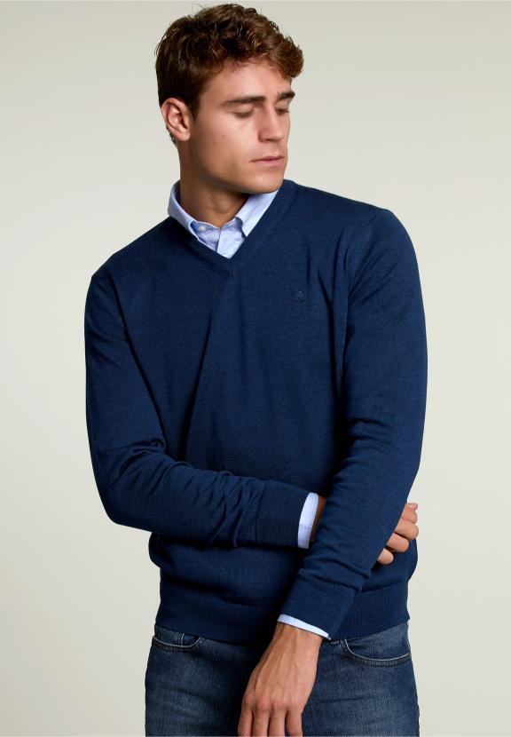 Op Maat Gemaakte Merino V-Hals Trui Donker Denim Mix - Blauw - W