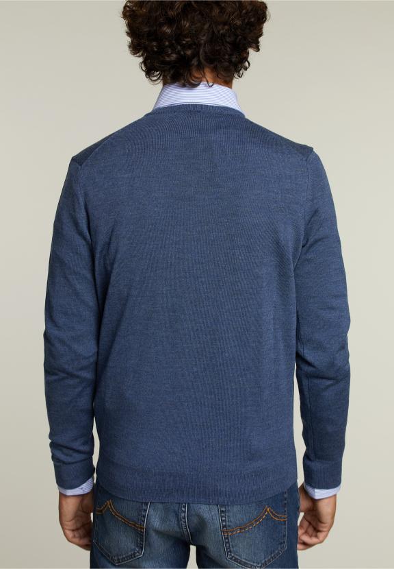 Op Maat Gemaakte Merino V-Hals Trui Denim Mix - Blauw - W